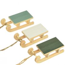 Artículo Trineo decorativo de madera para colgar verde menta blanco 9,5cm 6ud
