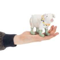 Artículo Cerdo decorativo con botas de goma – Figura divertida de granja con corona de flores, 15,5 cm