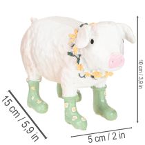 Artículo Cerdo decorativo con botas de goma – Figura divertida de granja con corona de flores, 15,5 cm
