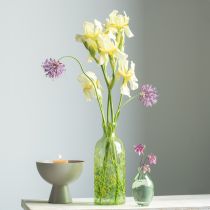 Artículo Jarrón decorativo de cristal con flores, diseño amarillo y verde, diámetro 10 cm, altura 25 cm.