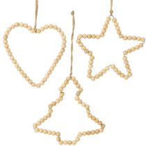 Artículo Adornos navideños: cuentas de madera, corazón, estrella, árbol, 13 cm de alto, 6 piezas