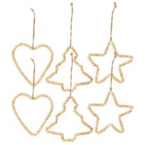 Artículo Adornos navideños: cuentas de madera, corazón, estrella, árbol, 13 cm de alto, 6 piezas