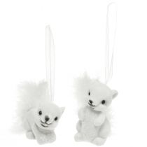Artículo Colgantes de Ardilla Blanca de 6 cm con Purpurina y Detalle de Plumas - Perfectos para decoración festiva del árbol de Navidad - Paquete de 2
