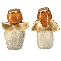 Artículo Encantador dúo de ángeles de cerámica en color blanco crema con detalles dorados - 8,6 cm - Figuras decorativas celestiales - 2 piezas