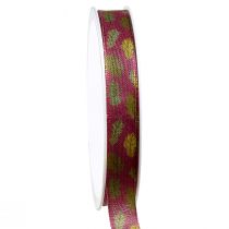 Artículo Cinta de regalo cinta de tela otoñal con hojas de roble verde burdeos 15mm 18m