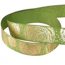Artículo Cinta de regalo con rosas doradas Cinta de joyería verde 25mm 15m