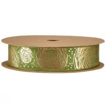 Artículo Cinta de regalo con rosas doradas Cinta de joyería verde 25mm 15m