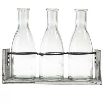 Artículo Juego de botellas rústicas en soporte de madera - 3 botellas de vidrio, blanco grisáceo, 24x8x20 cm - Versátil para decoración