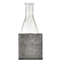 Artículo Jarrón de cristal en soporte de madera gris de 20 cm. Decoración rústica con botella de cristal.