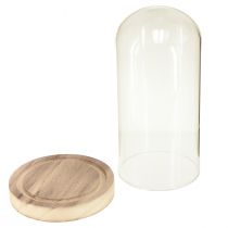 Artículo Campana de cristal con base de madera natural transparente Ø12cm H21cm