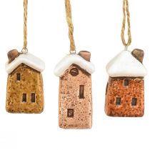 Artículo Cabañas Colgantes de Cerámica - Varios Tonos de Marrón, Techos Recubiertos de Nieve - Encantadora Decoración Navideña - Paquete de 6