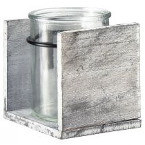 Artículo Portavelas de cristal con marco de madera rústica en gris y blanco – 10x9x10 cm