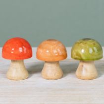 Artículo Setas de madera, decoración otoñal, setas verdes, rojas y naranjas, 6,5 cm de alto, 9 unidades