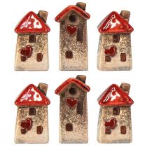 Artículo Casa de cerámica con ventana de tejado roja y corazón - 6 cm - Decoración idílica para el hogar y el jardín - 6 piezas