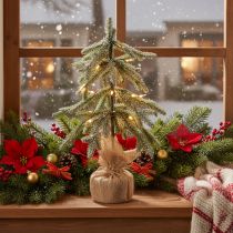 Artículo Planta artificial con nieve, árbol de Navidad LED en saco de yute, funciona con pilas, para uso en interiores, 50 cm
