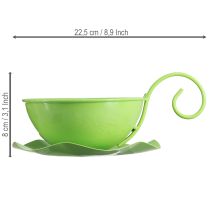 Artículo Taza decorativa de metal, color verde manzana, con platillo, 8 cm de alto x 11,5 cm de diámetro, 2 unidades.