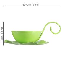 Artículo Taza decorativa de metal con platillo, verde claro, 8 cm de alto x 11,5 cm de diámetro, 2 piezas.
