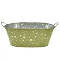 Artículo Cuenco de metal estrellas ovaladas y asas verde 31×16cm H12,5cm