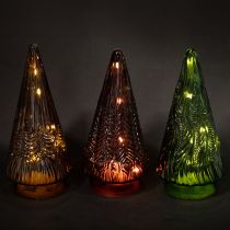 Artículo Miniárbol de Navidad de cristal con luces LED rojas, verdes y marrones, 18 cm, 3 unidades