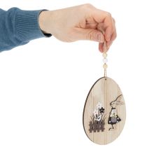 Artículo Huevos de Pascua colgantes, huevo de madera con conejo, blanco natural, 13 cm, 6 unidades