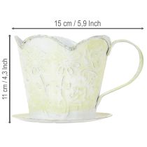 Artículo Maceta, soporte decorativo para filtro de café, taza de metal para plantar, decoración floral verde y blanca, estilo shabby chic, 11 cm de alto x 11 cm de diámetro.