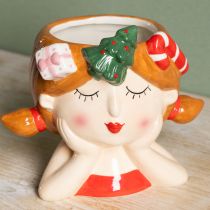 Artículo Cabeza de planta de cerámica para niña, maceta decorativa navideña de 17 cm de alto.