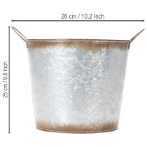 Artículo Maceta con asas, cuenco decorativo con acabado oxidado, recipiente de metal plateado Ø26cm H25.5cm