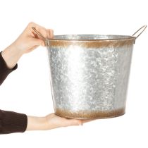 Artículo Maceta con asas, cuenco decorativo con acabado oxidado, recipiente de metal plateado Ø26cm H25.5cm