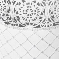 Artículo Maceta con diseño de encaje, recipiente de metal, cubo decorativo, blanco, plateado, estilo shabby chic, H28/25.5/23.5cm, Ø29.5/25.5/20cm, juego de 3