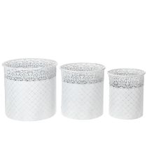 Artículo Maceta con diseño de encaje, recipiente de metal, cubo decorativo, blanco, plateado, estilo shabby chic, H28/25.5/23.5cm, Ø29.5/25.5/20cm, juego de 3