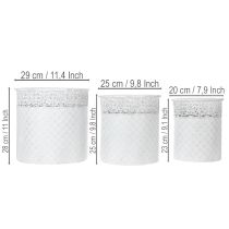Artículo Maceta con diseño de encaje, recipiente de metal, cubo decorativo, blanco, plateado, estilo shabby chic, H28/25.5/23.5cm, Ø29.5/25.5/20cm, juego de 3