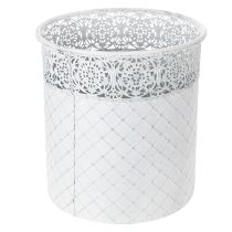Artículo Maceta con diseño de encaje, recipiente de metal, cubo decorativo, blanco, plateado, estilo shabby chic, H28/25.5/23.5cm, Ø29.5/25.5/20cm, juego de 3