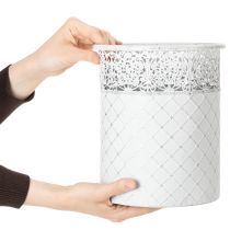 Artículo Maceta con diseño de encaje, recipiente de metal, cubo decorativo, blanco, plateado, estilo shabby chic, H28/25.5/23.5cm, Ø29.5/25.5/20cm, juego de 3