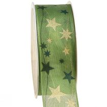 Artículo Cinta navideña con estrellas cinta de regalo verde con borde de alambre 40mm 15m