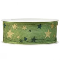 Artículo Cinta navideña con estrellas cinta de regalo verde con borde de alambre 40mm 15m