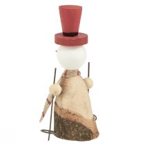 Artículo Adorable juego de 2 muñecos de nieve de madera con sombreros de copa rojos - Decoración de mesa de invierno - Natural y rojo, 15,5 cm, 2 unidades