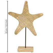 Artículo Estrella de mar decorativa sobre base de madera azul natural Ø22cm H32cm