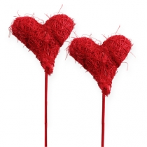 Corazón de sisal 7,5cm rojo en palo 12uds