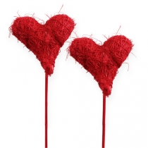 Corazón de sisal 7,5cm rojo en palo 12uds
