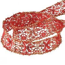 Artículo Cinta de encaje con brillo rojo dorado cinta decorativa tela 25mm 15m