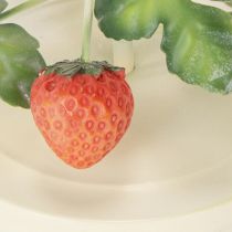 Artículo Portavelas metálico cónico con decoración de fresa, color crema, redondo, 26 cm de alto.