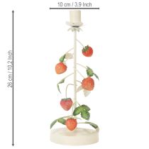 Artículo Portavelas metálico cónico con decoración de fresa, color crema, redondo, 26 cm de alto.