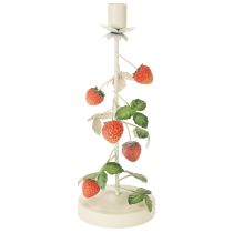 Artículo Portavelas metálico cónico con decoración de fresa, color crema, redondo, 26 cm de alto.