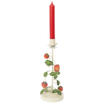 Artículo Portavelas metálico cónico con decoración de fresa, color crema, redondo, 26 cm de alto.