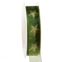 Artículo Cinta de estrella cinta de organza verde dorado Navidad A25mm L18m