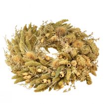 Artículo Corona decorativa seca con cardos y mijo en verde oliva amarillento, estilo rústico natural, Ø28cm, decoración versátil para pared y mesa.