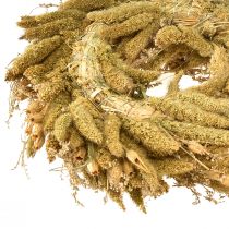 Artículo Corona decorativa seca con cardos y mijo en verde oliva amarillento, estilo rústico natural, Ø28cm, decoración versátil para pared y mesa.