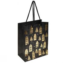 Artículo Bolsa navideña con casitas de abeto negras y doradas, 18 x 10 x 23 cm, 2 unidades