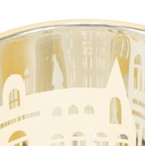 Artículo Farol de cristal plateado dorado con silueta de ciudad H12,5cm 4 uds