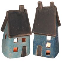 Artículo Casa de faroles casa de cerámica azul marrón Al. 15,5/17,5 cm 2 piezas